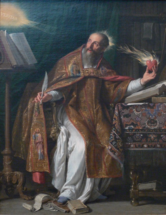 Saint Augustine by Philippe de Champaigne, c. 1645, holding a flaming heart (public domain)